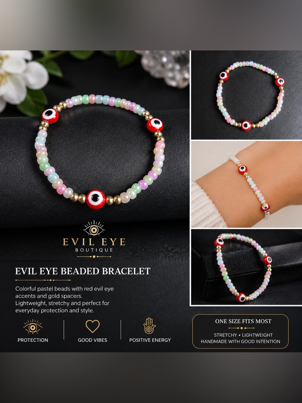 Pastel Beaded Bracelet with Red Evil Eye #61